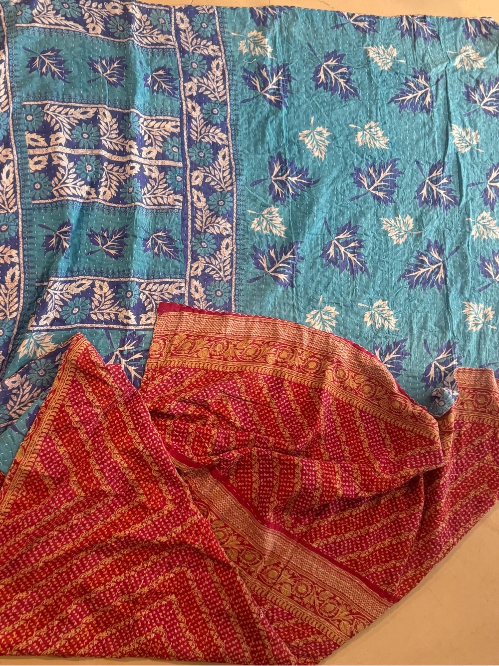 KAnTHA Handcrafted Blue and Red /Teal and royal Reversible Throw-Blanket-Vintage